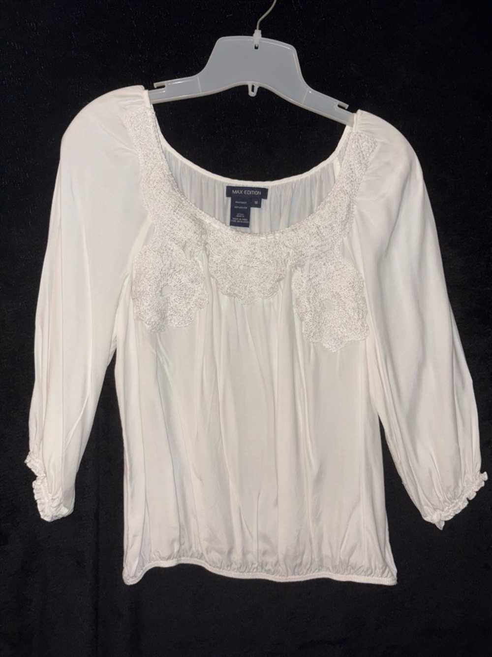 Max Edition Women's Crochet Yoke Top M White Peasant Blouse  CotteageCore EUC